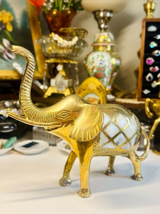 Other - XL Vintage Brass Elephant Inlaid Mother of Pearl Statue